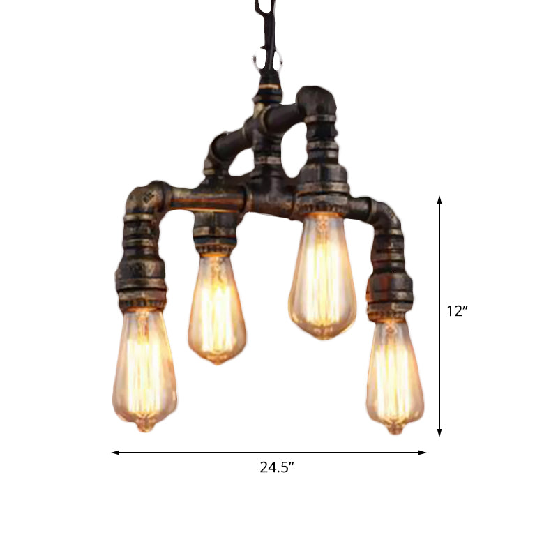 4 Lights 2-Layer Water Pipe Pendant Industrial Rust Metal Hanging Chandelier for Restaurant