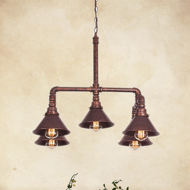 Metal Cone Pendant Chandelier Farmhouse 5-Bulb Living Room Ceiling Hang Fixture in Black/Bronze