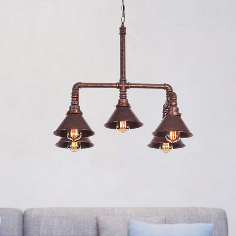 Metal Cone Pendant Chandelier Farmhouse 5-Bulb Living Room Ceiling Hang Fixture in Black/Bronze