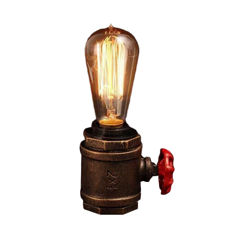 1 Head Metal Night Table Light Industrial Rust Finish Bare Bulb Bedroom Task Lamp with Valve Deco