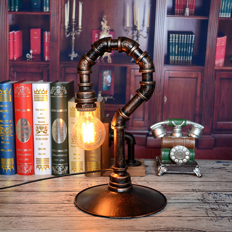 1 Light Small Desk Lighting Antiqued Hook Pipe Iron Nightstand Lamp in Rust for Bar