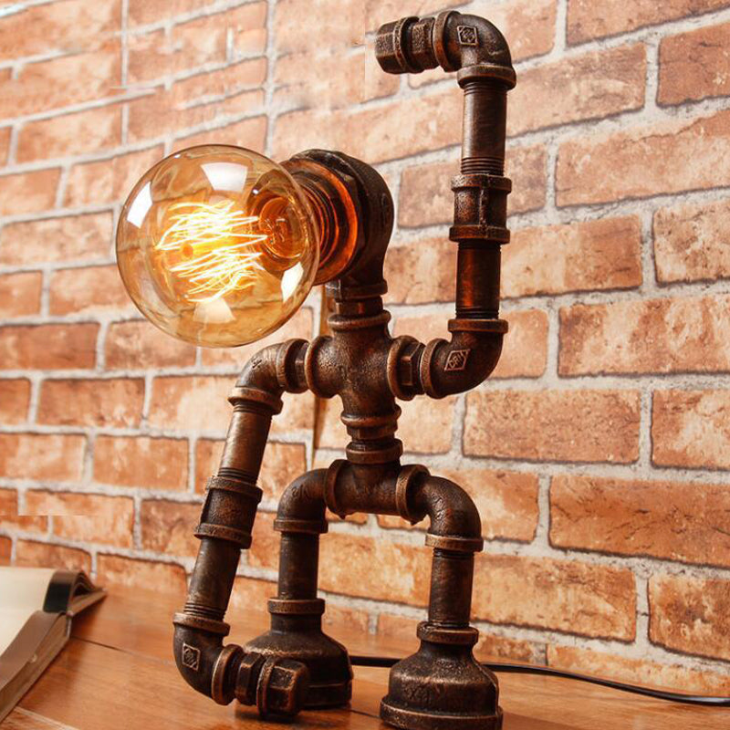 Iron Rust Finish Table Light Hand-Raising Robot 1-Light Farmhouse Nightstand Lamp