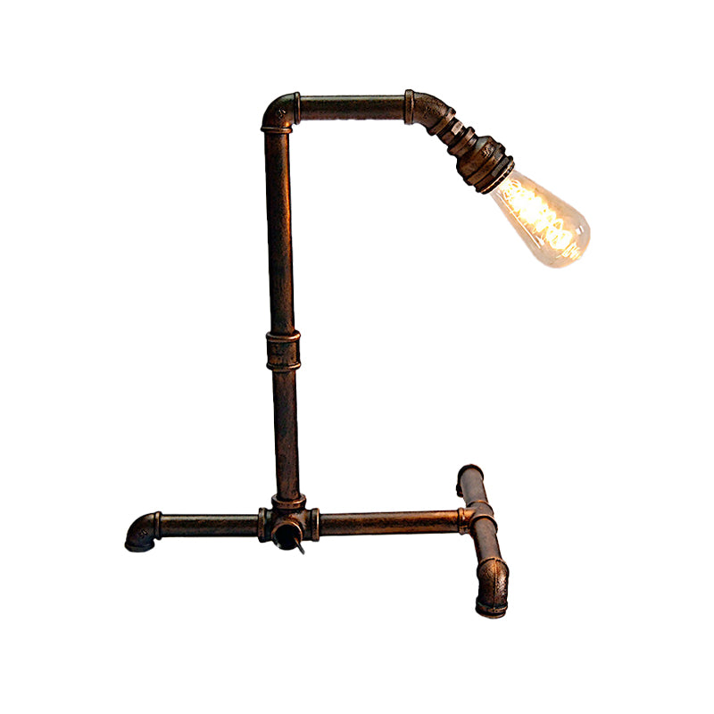 1 Bulb Curved Pipe Table Lamp Farmhouse Rust Finish Metal Night Lighting with Plug In Cord