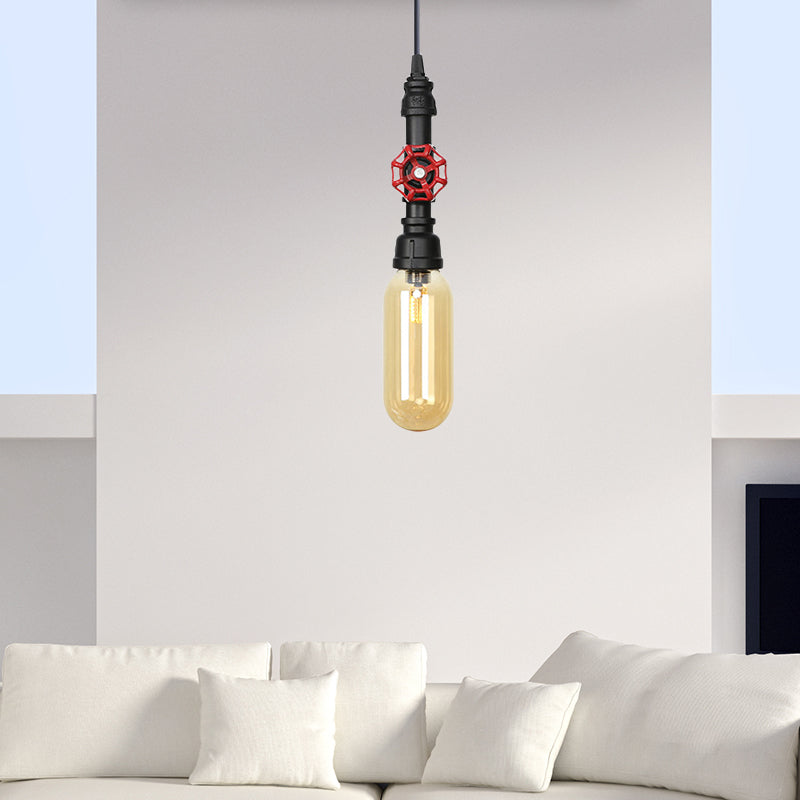 Pijp metaal LED plafondlicht Antiek 1 kop 3 "/4" W Coffee House Hangende lampkit in zwart met capsule Amber Glass Shade