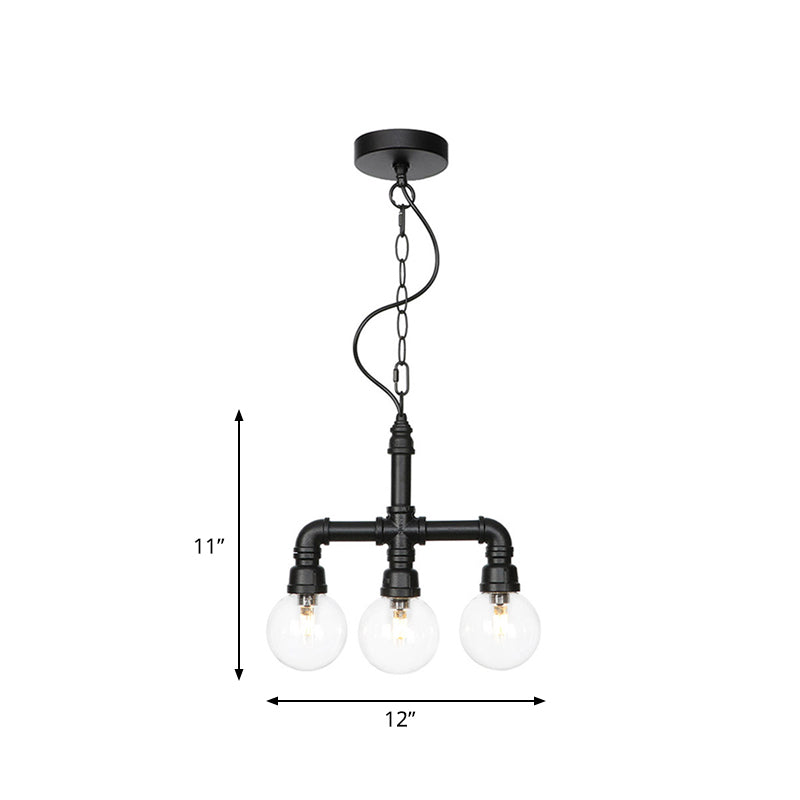 Éclairage de suspension noire métallique 3/4 têtes à la lampe à lustre LED vintage avec une teinte en verre transparent à billes pour bar