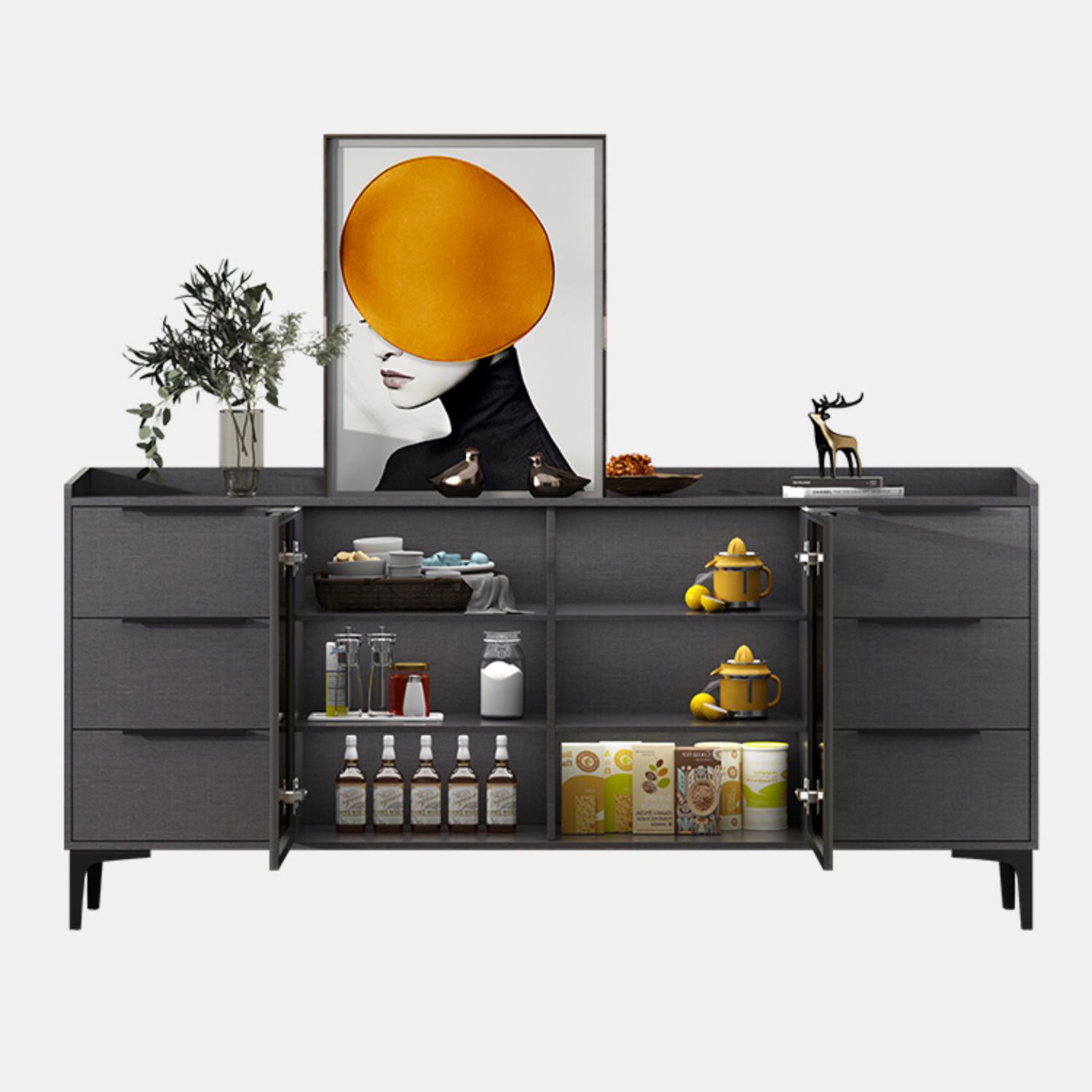 Glam Style Sideboard Black Sintered Stone Top Server with Door and Drawer