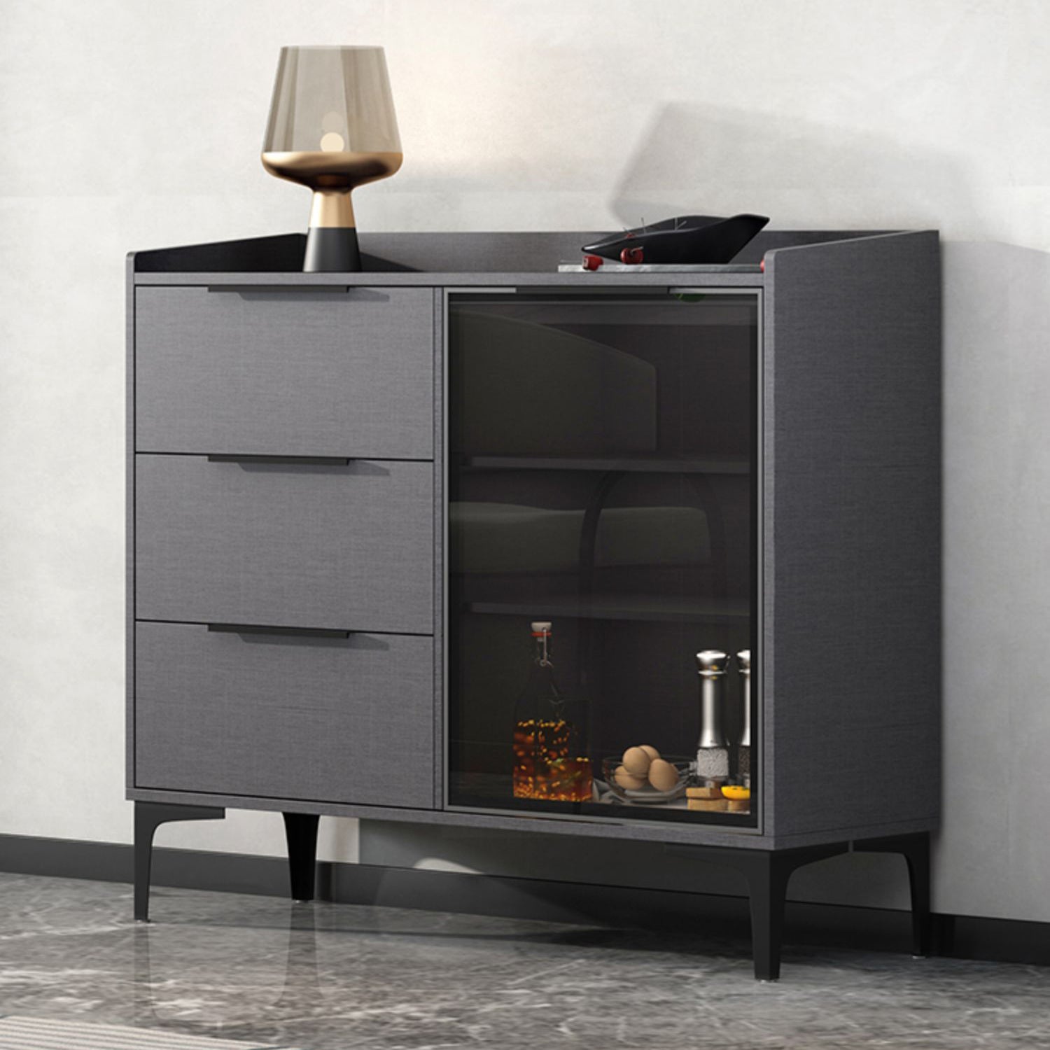 Glam Style Sideboard Black Sintered Stone Top Server with Door and Drawer