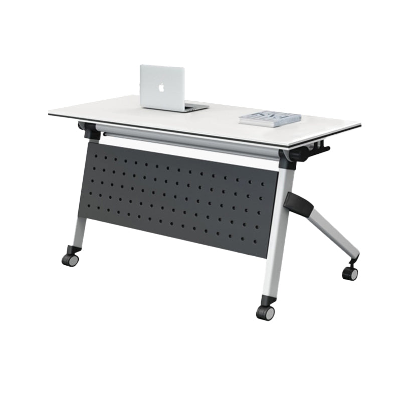 Contemporary Office Desk with Wheels White Manufactured Wood Rectangular Desk