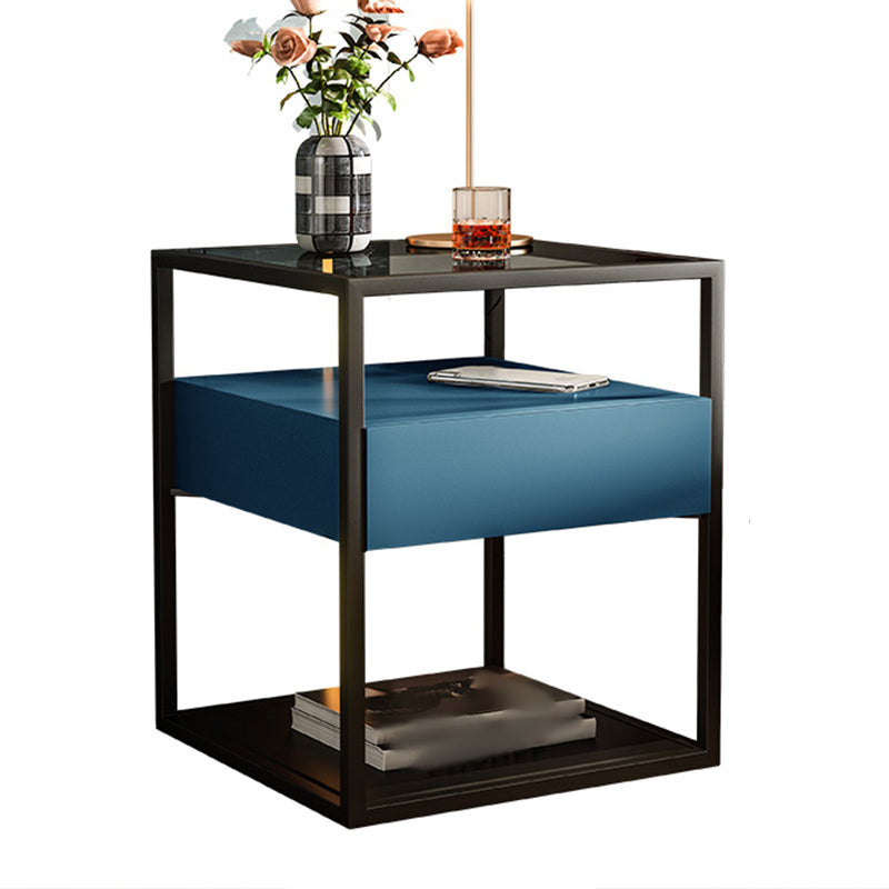 21'' Tall Modern Bed Nightstand Metal Glass Top Drawer Storage 2-shelf Night Table