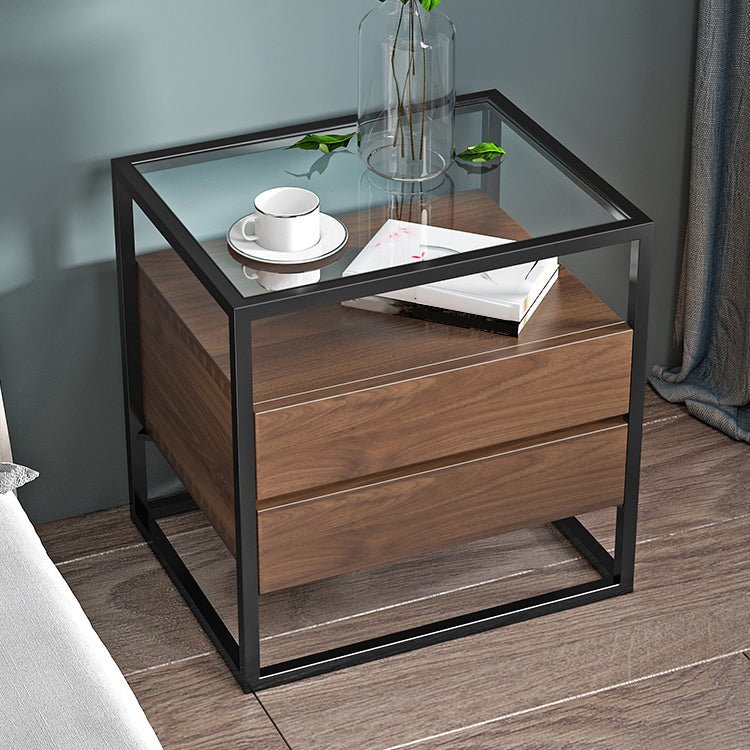 21'' Tall Modern Accent Table Nightstand Glass Top 2-Drawer Iron Bedside Cabinet