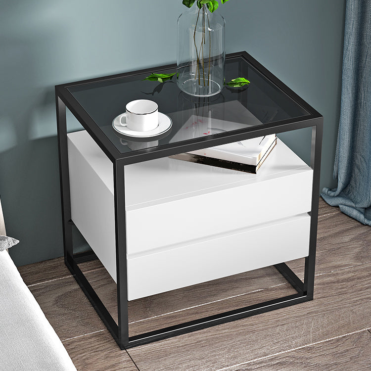 21'' Tall Modern Accent Table Nightstand Glass Top 2-Drawer Iron Bedside Cabinet