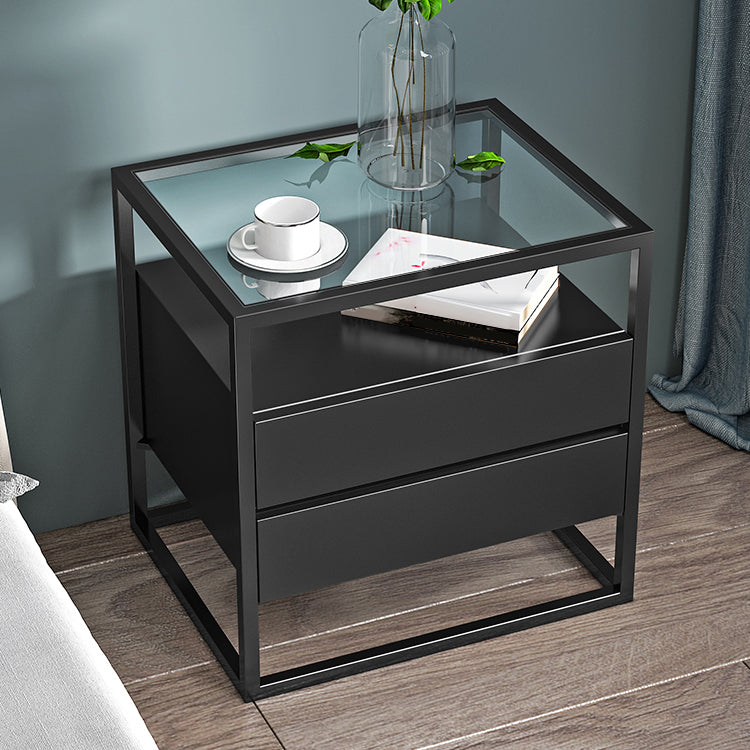 21'' Tall Modern Accent Table Nightstand Glass Top 2-Drawer Iron Bedside Cabinet