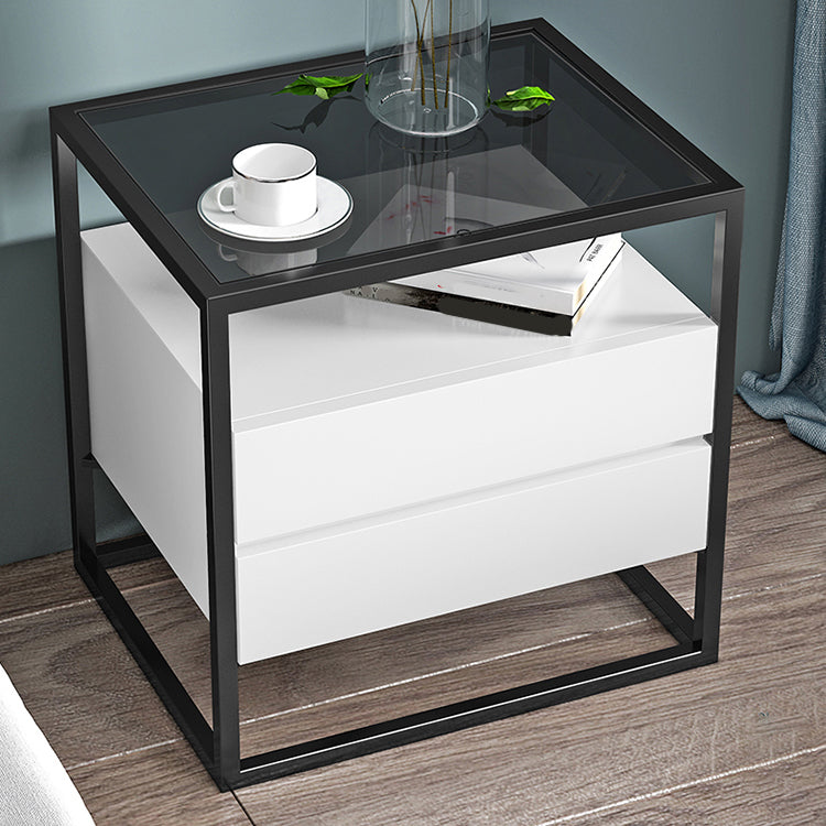 21'' Tall Modern Accent Table Nightstand Glass Top 2-Drawer Iron Bedside Cabinet