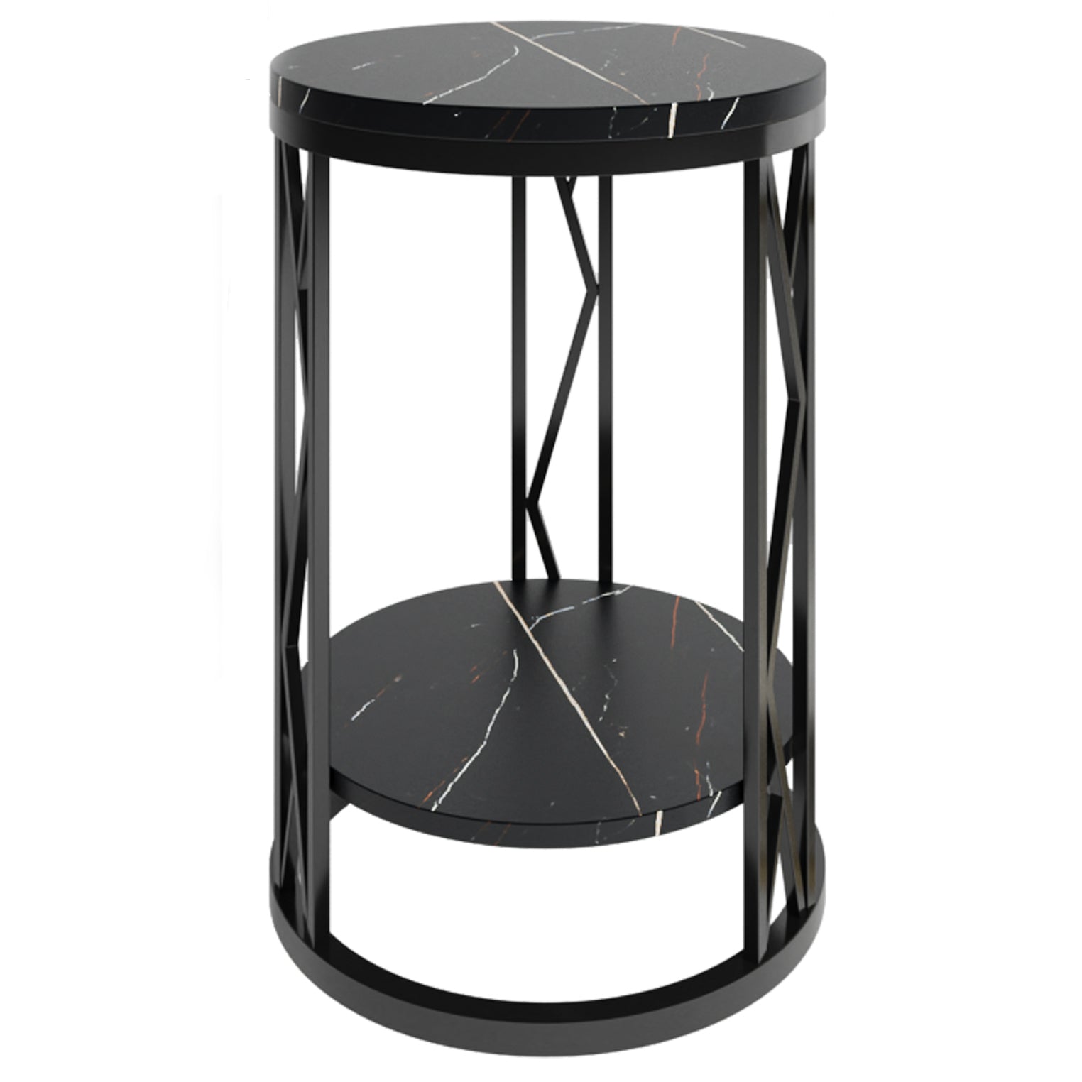 Glam Metal Night Table Open Storage 1-Shelf Round Nightstand in Black/White