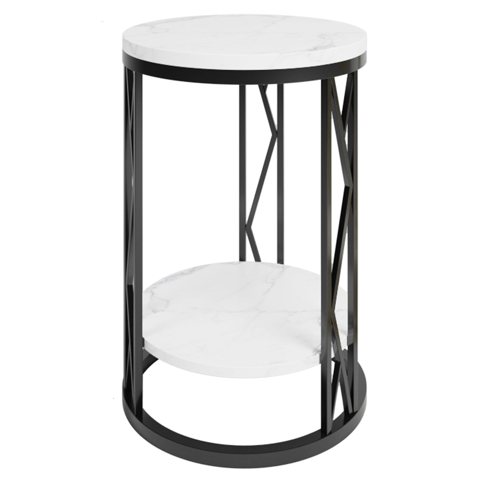 Glam Metal Night Table Open Storage 1-Shelf Round Nightstand in Black/White