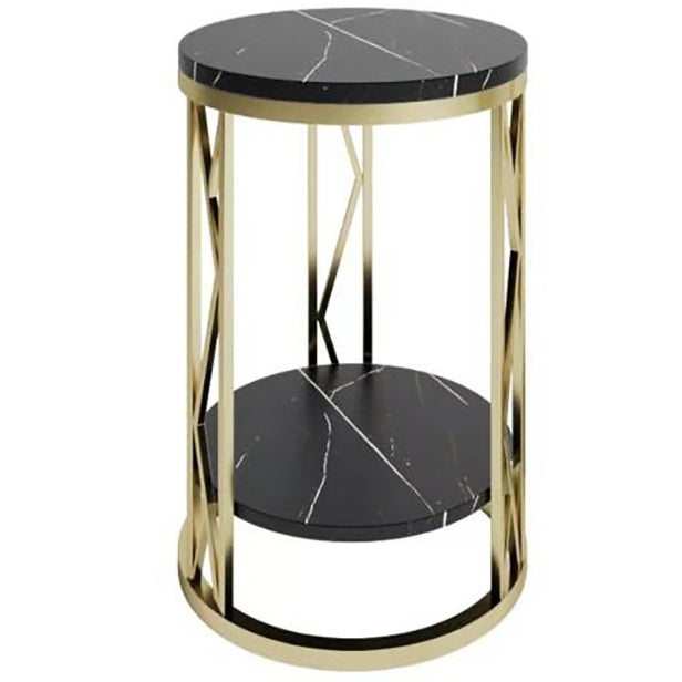 Glam Metal Night Table Open Storage 1-Shelf Round Nightstand in Black/White