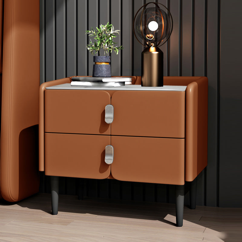 2-Drawer Modern Bed Nightstand Solid Wood Faux Leather Night Table with Legs