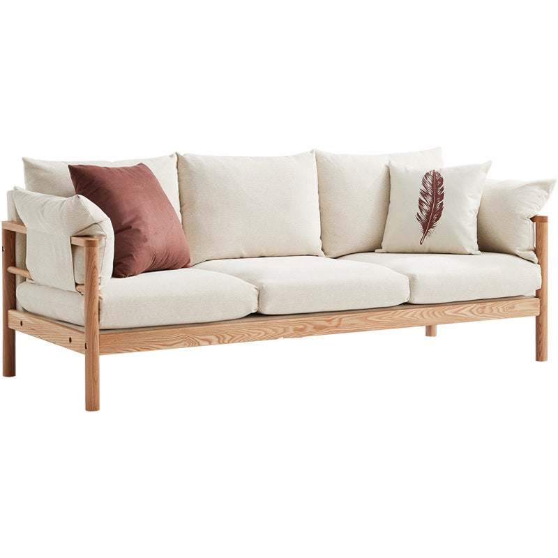 Beige Linen Modern Square Arm Sofa Wooden Standard Sofa for Living Room