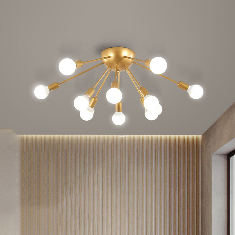 Brass Sputnik Flush Ceiling Light Modern 12-Light Metallic Semi Flush Lamp Fixture for Living Room