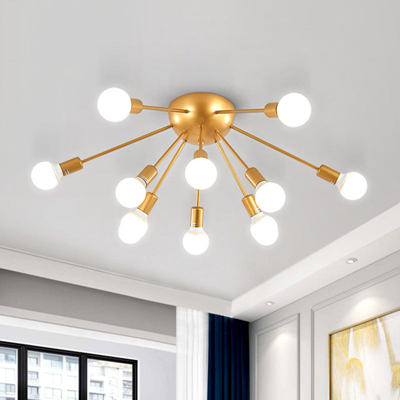 Brass Sputnik Flush Ceiling Light Modern 12-Light Metallic Semi Flush Lamp Fixture for Living Room