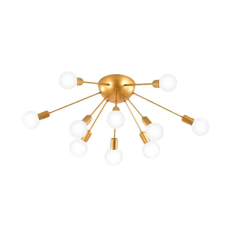 Brass Sputnik Flush Ceiling Light Modern 12-Light Metallic Semi Flush Lamp Fixture for Living Room