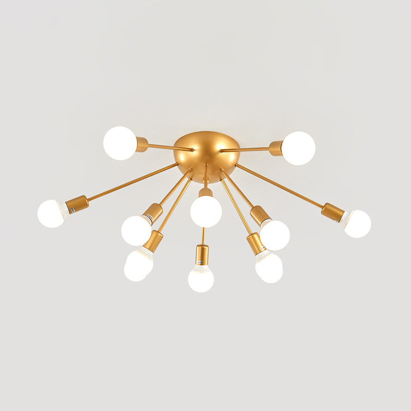 Brass Sputnik Flush Ceiling Light Modern 12-Light Metallic Semi Flush Lamp Fixture for Living Room