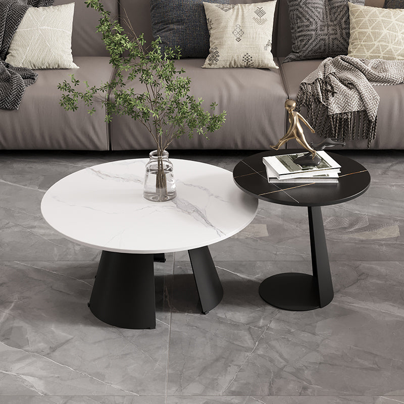 Round White Slate Coffee Table 3 Legs Base in Black Cocktail Table