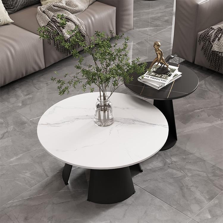 Round White Slate Coffee Table 3 Legs Base in Black Cocktail Table