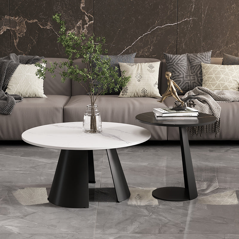 Round White Slate Coffee Table 3 Legs Base in Black Cocktail Table