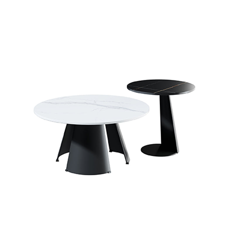 Round White Slate Coffee Table 3 Legs Base in Black Cocktail Table