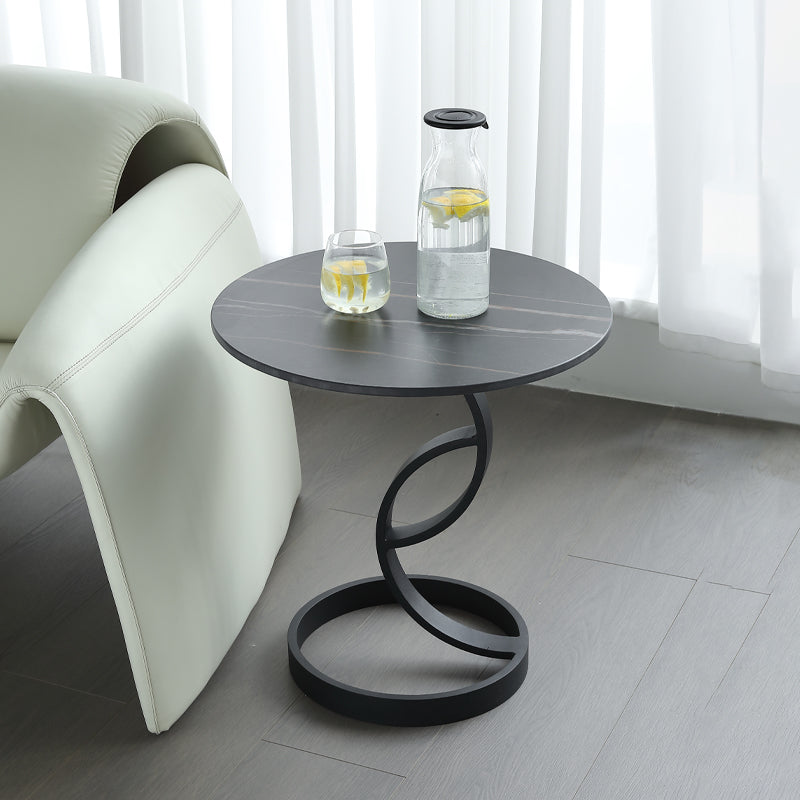 Round Black and White Stone Coffee Table Pedestal 1 Single Cocktail Table
