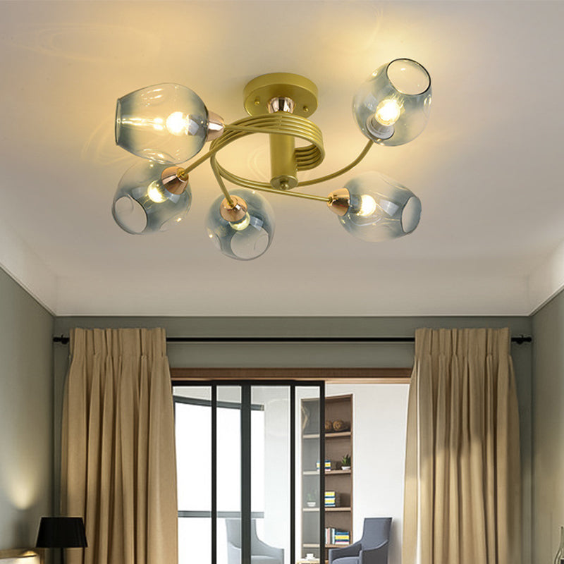 5 Bulbs Bedroom Flush Mount Modernist Gold Twisted Arm Semi Flush Lamp with Cup Gradual Blue Dimpled Glass Shade