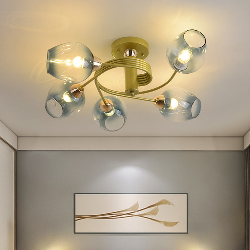 5 Bulbs Bedroom Flush Mount Modernist Gold Twisted Arm Semi Flush Lamp with Cup Gradual Blue Dimpled Glass Shade