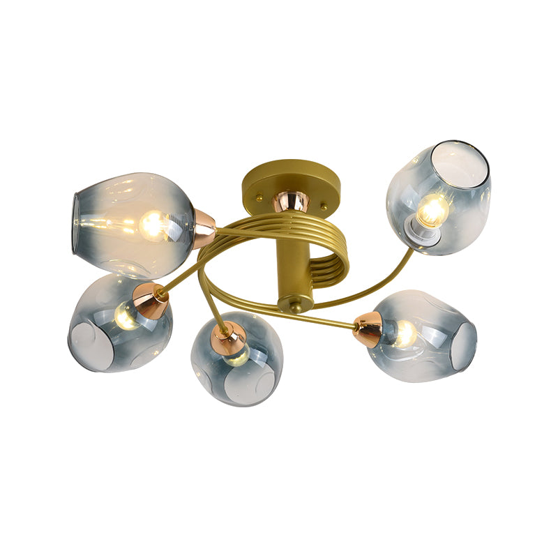 5 Bulbs Bedroom Flush Mount Modernist Gold Twisted Arm Semi Flush Lamp with Cup Gradual Blue Dimpled Glass Shade