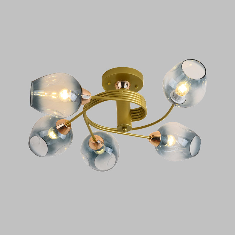 5 Bulbs Bedroom Flush Mount Modernist Gold Twisted Arm Semi Flush Lamp with Cup Gradual Blue Dimpled Glass Shade