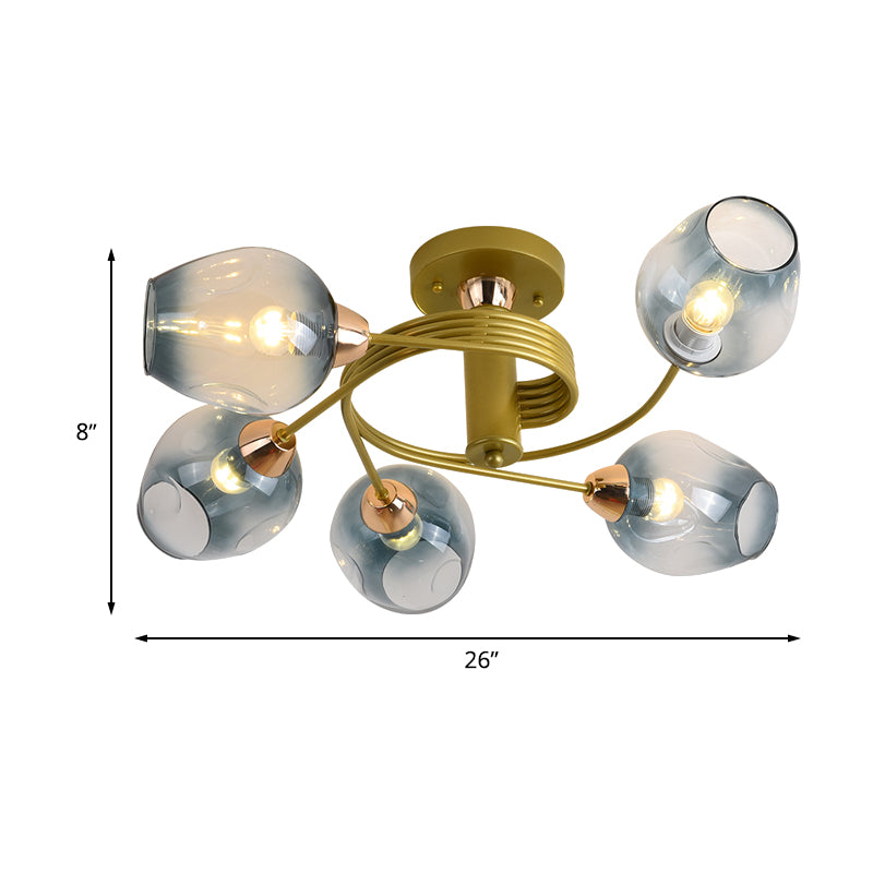 5 bollen slaapkamer spoeling Montorist Modernist Goud Twisted Arm Semi Flush Lamp met beker Geleidelijke blauwe kuiltjes glazen schaduw