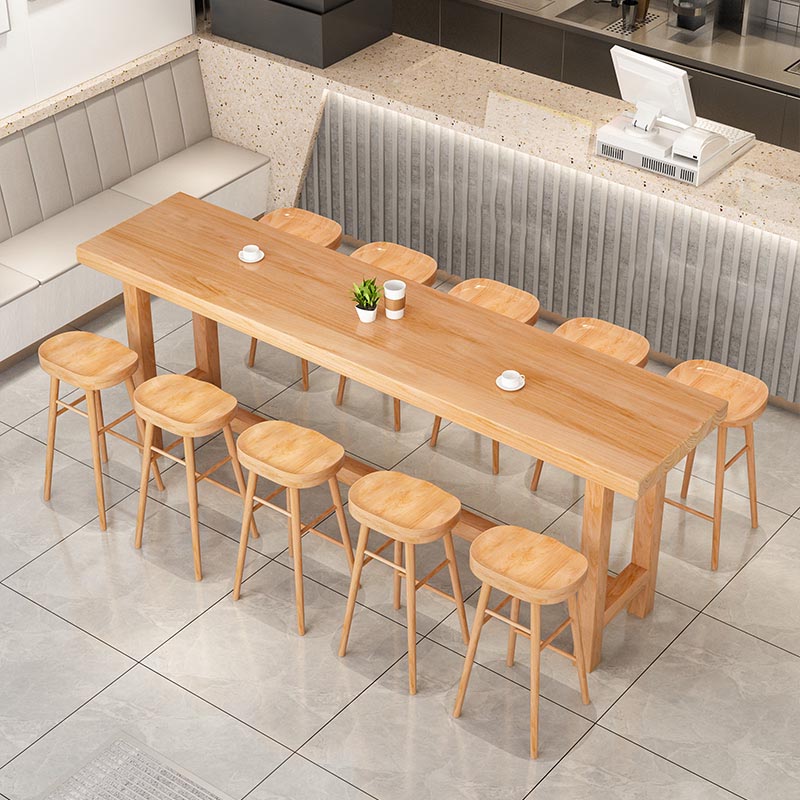 Solid Wood Trestle Cocktail Bar Table Modern Footrest Pub Height Dining Table in Natural