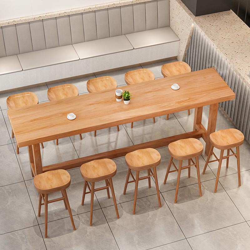 Solid Wood Trestle Cocktail Bar Table Modern Footrest Pub Height Dining Table in Natural