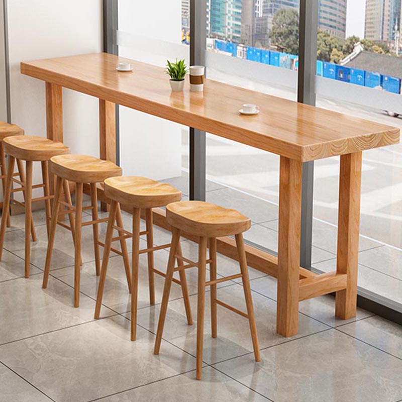 Solid Wood Trestle Cocktail Bar Table Modern Footrest Pub Height Dining Table in Natural