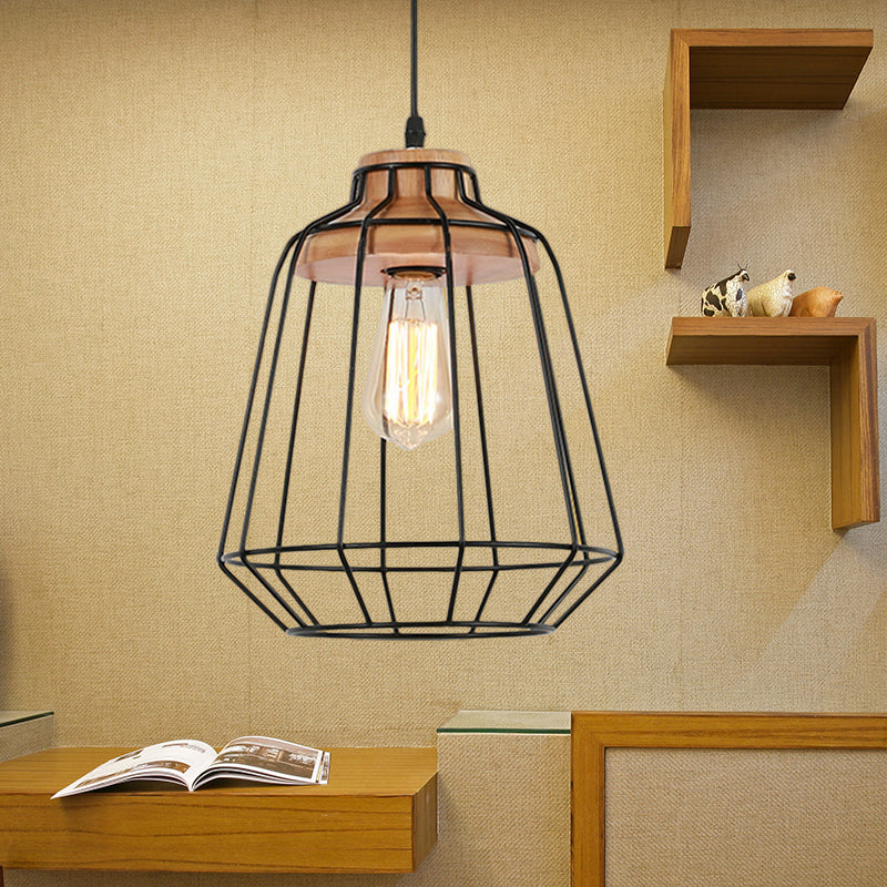 1 Head Hanging Pendant Light with Barrel/Cylinder Cage Shade Metal Retro Style Bedroom Hanging Lamp in Black