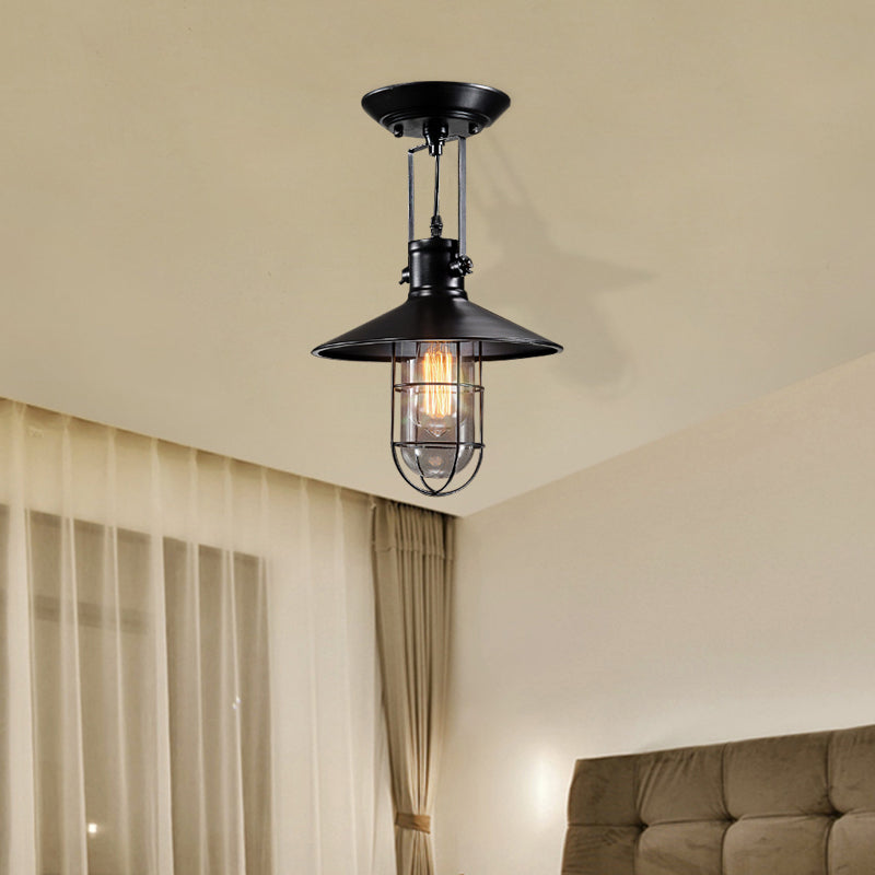 Single Bulb Semi Flush Mount Industrial Cone Metal Ceiling Light in Black for Living Room with Cage