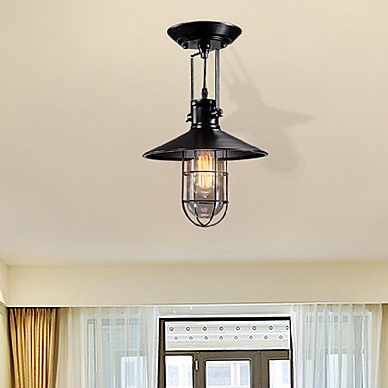 Single Bulb Semi Flush Mount Industrial Cone Metal Ceiling Light in Black for Living Room with Cage