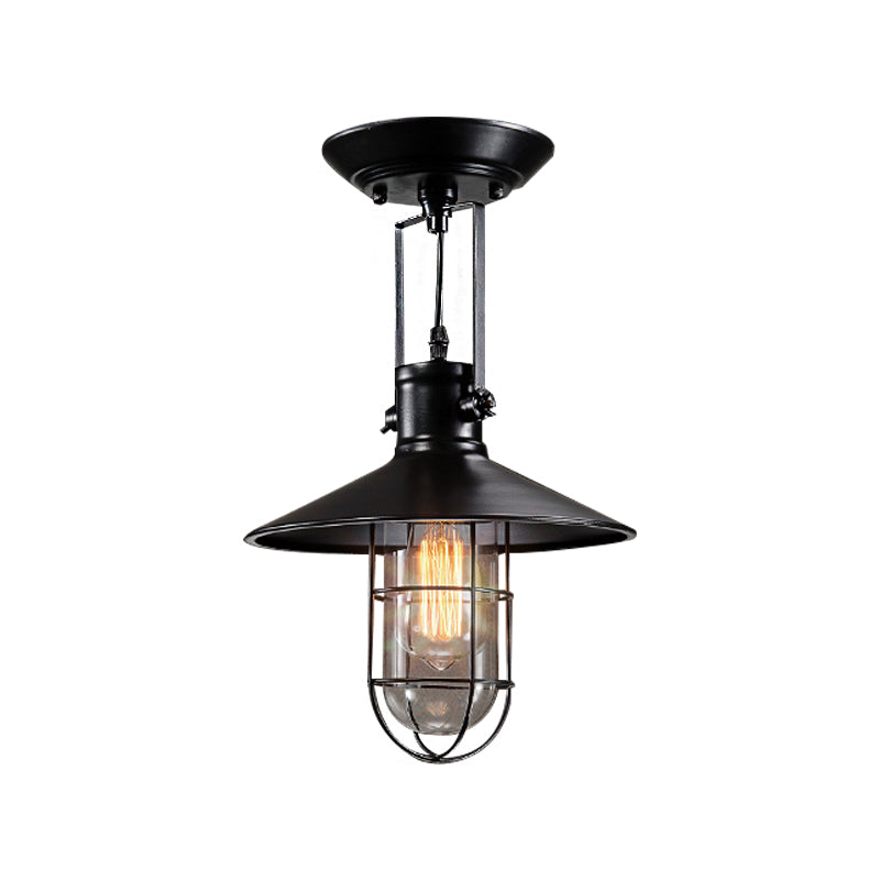 Single Bulb Semi Flush Mount Industrial Cone Metal Ceiling Light in Black for Living Room with Cage