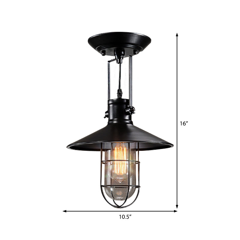 Single Bulb Semi Flush Mount Industrial Cone Metal Ceiling Light in Black for Living Room with Cage