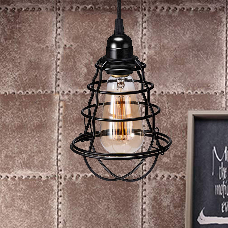 Black 1 Light Pendant Lighting Industrial Metal Tapered Hanging Lamp for Coffee Shop with Cage