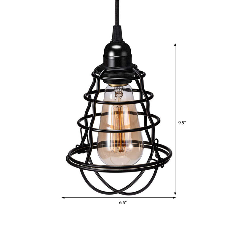 Black 1 Light Pendant Lighting Industrial Metal Tapered Hanging Lamp for Coffee Shop with Cage