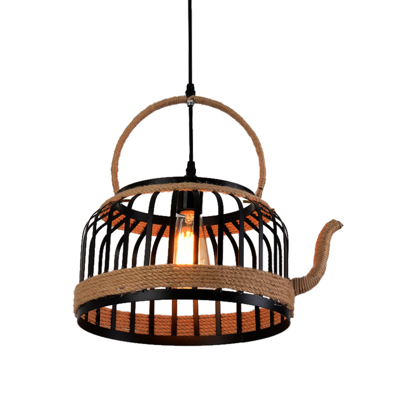 Black Teapot Pendant Ceiling Light Farmhouse Metal 1 Light Dining Room Hanging Lamp