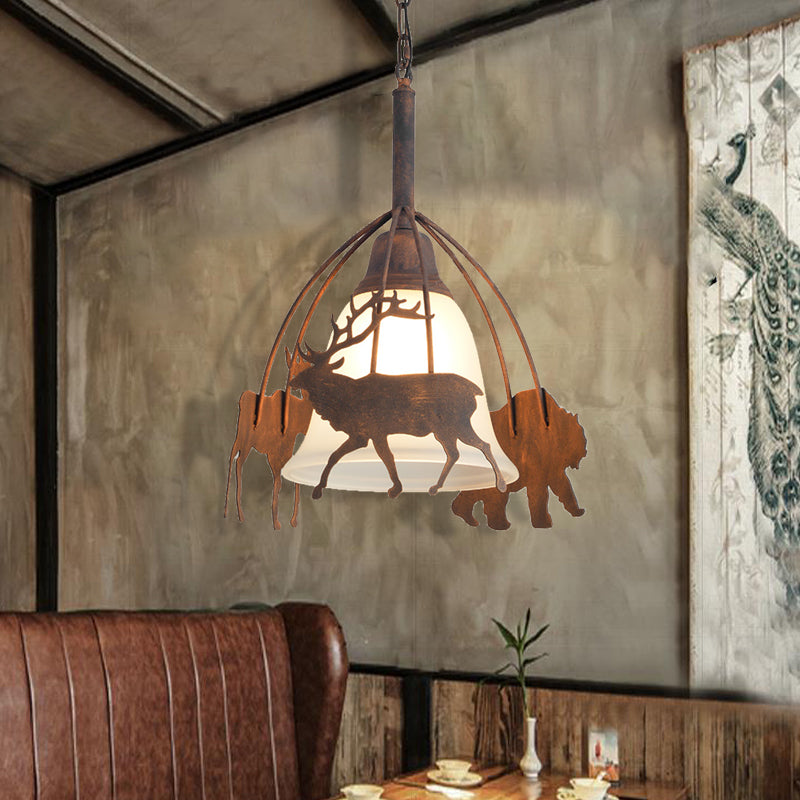 1 Light Bell Shade Ceiling Pendant Light Vintage Rust Opal Glass Hanging Lamp with Elk Cage