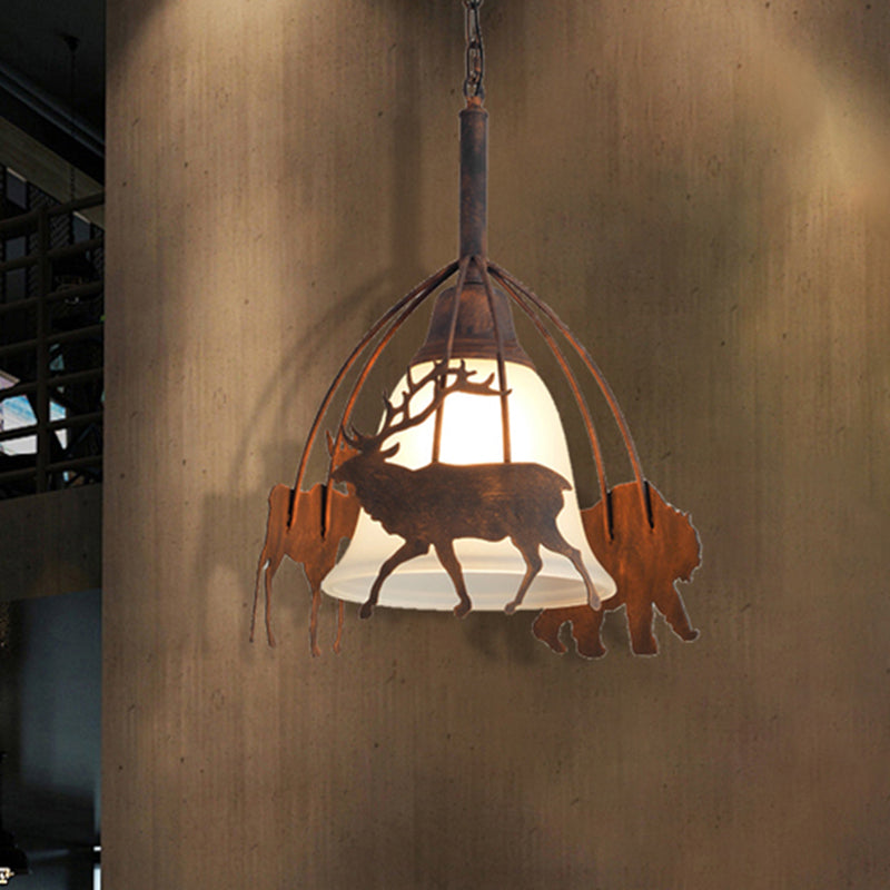 1 Light Bell Shade Ceiling Pendant Light Vintage Rust Opal Glass Hanging Lamp with Elk Cage