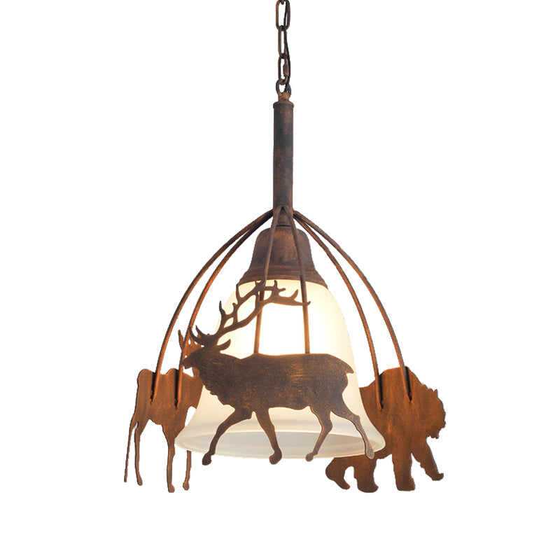 1 Light Bell Shade Ceiling Pendant Light Vintage Rust Opal Glass Hanging Lamp with Elk Cage